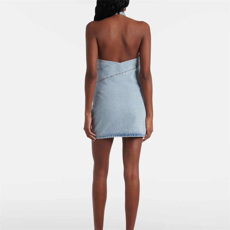 صيف جديد المرأة عالية الجودة ثلاثية الأبعاد الأزهار مزين القطن الخالص غسلها أكمام فستان الدنيم Y2K موضة عارية الذراعين تنورة صغيرة