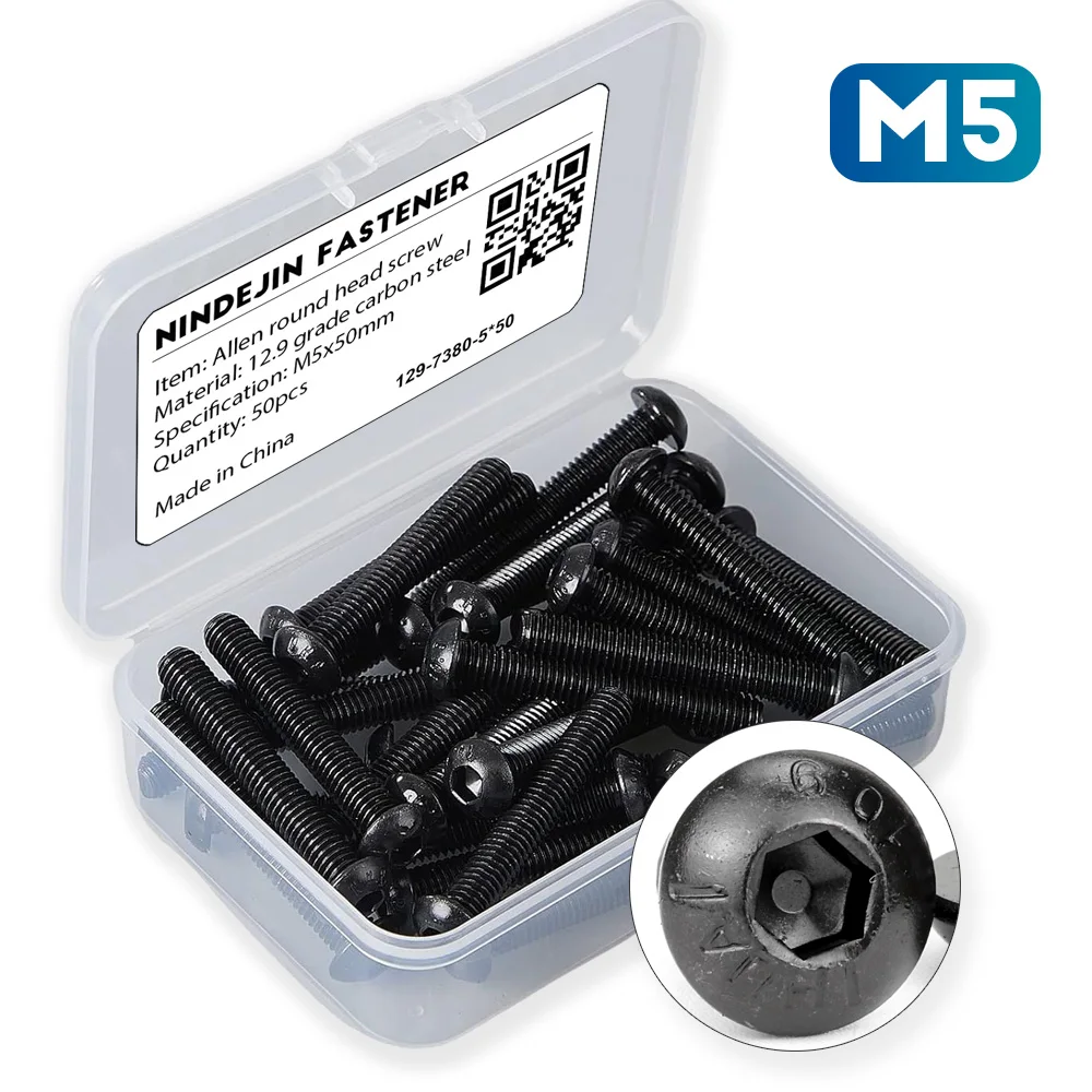 25-100pcs/box Hexagon Socket Button Head Screw Box M5x6-100mm, Black 12.9 Alloy Steel Allen Round Head Screw Bolt for TV Bracket