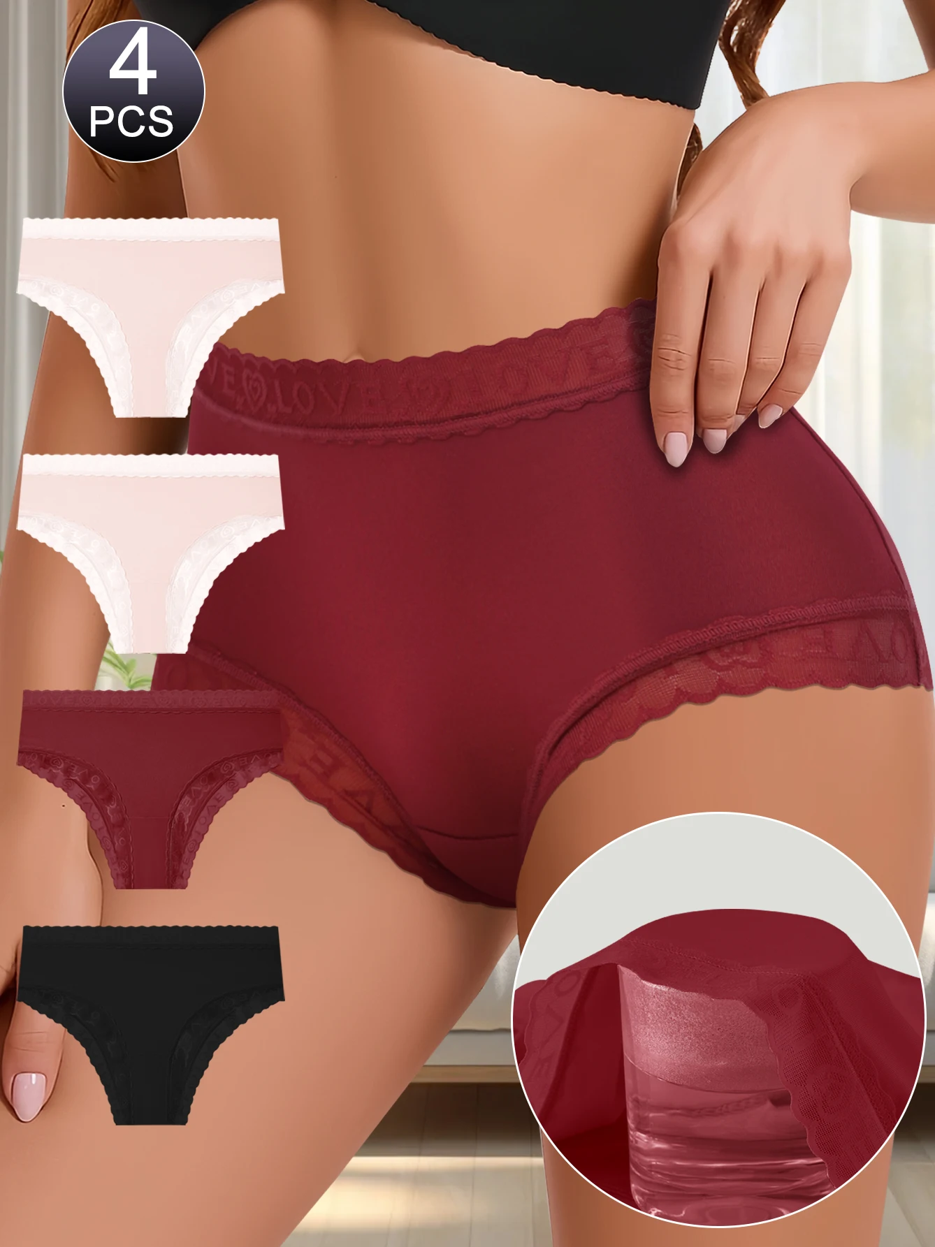 

Комплект из 4 женских трусов со средней посадкой и кружевными вставками, эластичные, с контролем живота, дышащие, с эффектом подтяжки ягодиц, для многофункционального использования