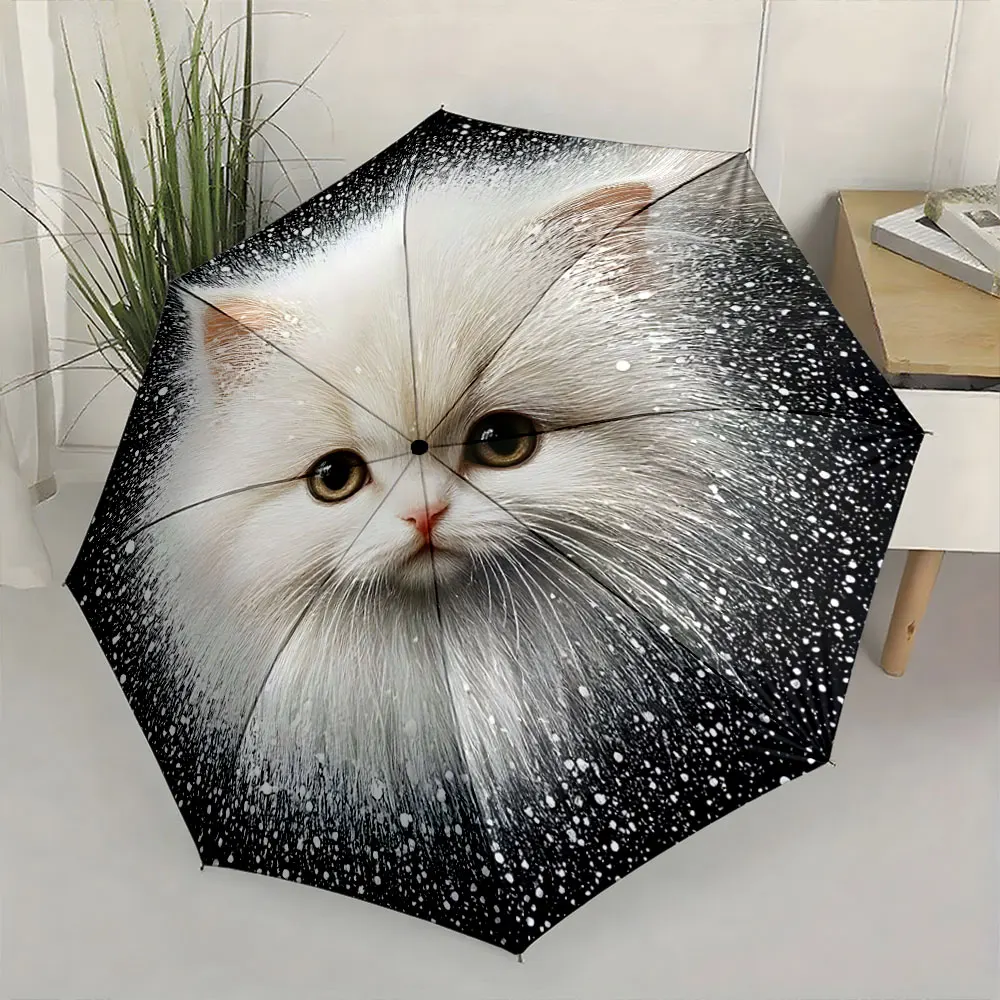 1PC Adorable Cat Design on Umbrella Adds Whimsy Indoors Print 8 Iron Ribs Folding Umbrella Auto-Open Fashion Sunshade