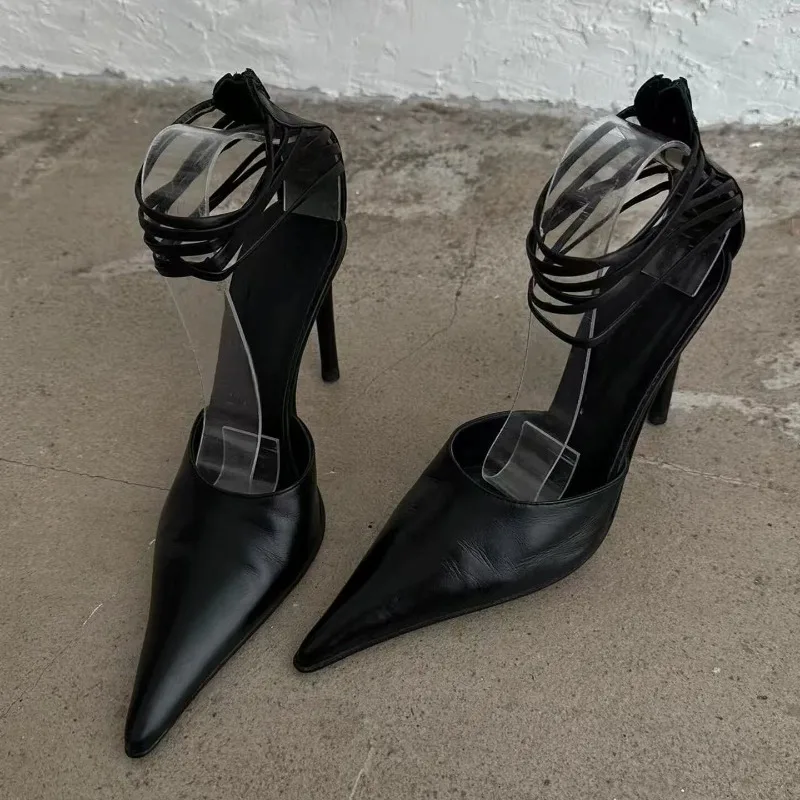 

Street Style Sexy Designer High Heels Women Black Pointed Toe Pumps Zipper Narrow Band Elegant Thin Heeled Sandals for Women