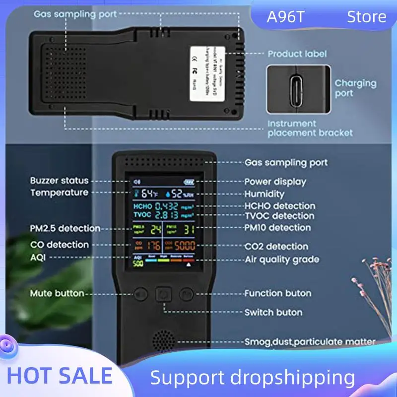 

A96T Монитор качества воздуха 9 в 1, Детектор формальдегида Измеритель CO2 в помещении, температуры и влажности, Обнаружение PM2.5 Монитор