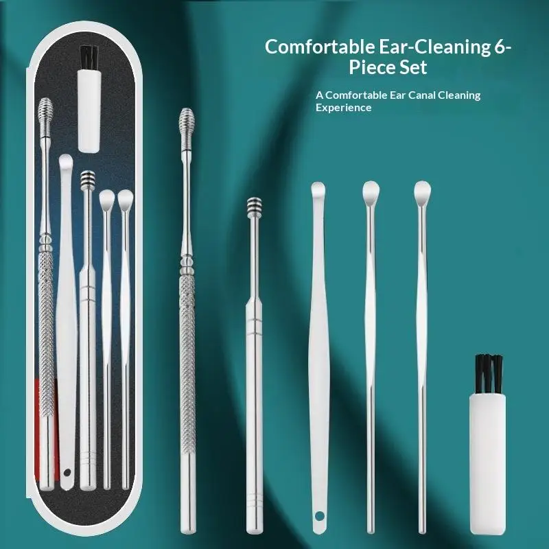 6 Pcs Stainless Steel Ear Wax Removal Tool Ergonomic Tips Storage Case For Daily Home Travel Personal Ear Care