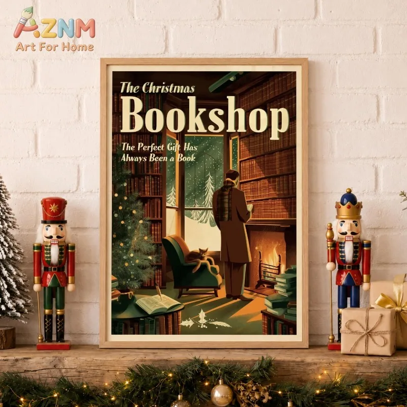 Vintage Christmas Bookshop Canvas Wall Art Retro Reading Lovers Poster Winter Xmas Holiday Wall Print Unframed Canvas Poster