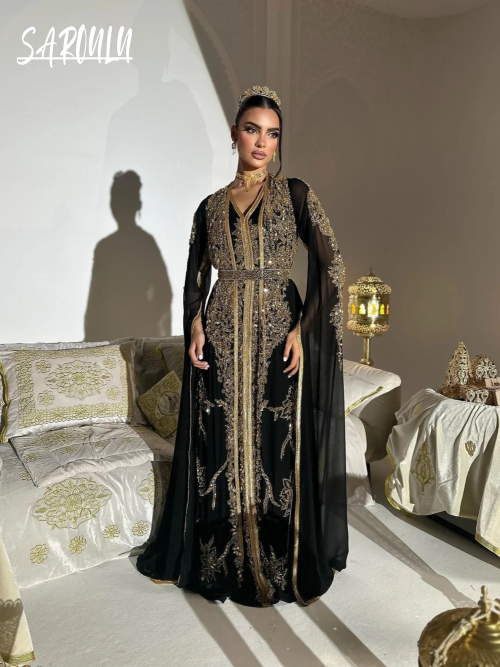 Royal Black Caftan Evening Dress Celebrity Customized Gold Lace Dubai A Line Beaded Sequins Wedding Party Prom Gown High Quality