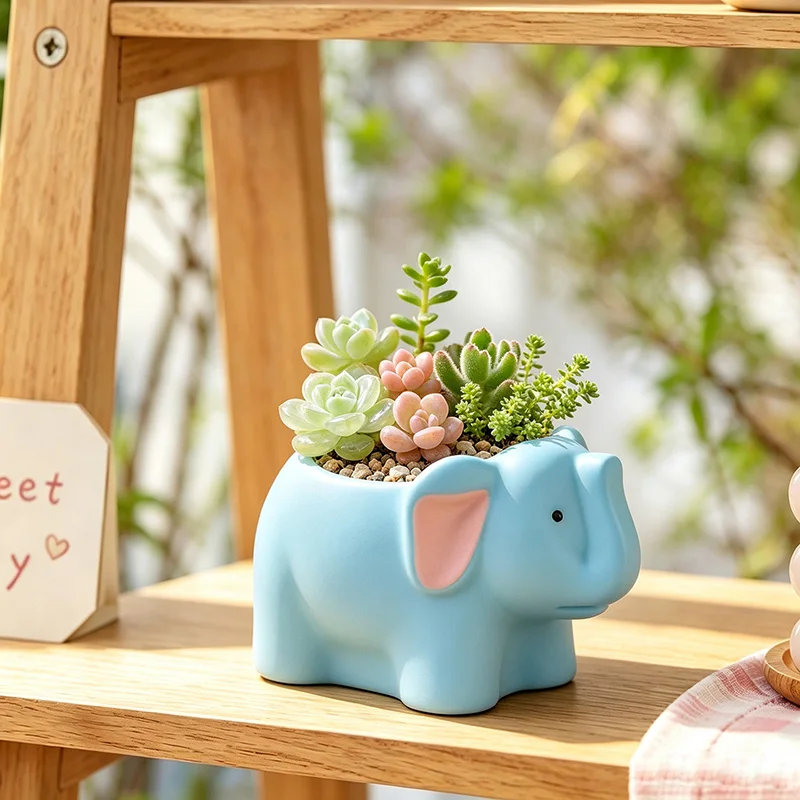 Cute Blue Elephant Succulent Planter Animal Shaped Resin Flower Pot Kawaii Plant Container for Desktop Balcony Home Decor Gift