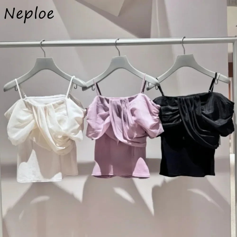 Neploe Casual Cute Slash Neck Half Sleeve Tops Bow Voile Off Shoulder Sling Mujer Japanese 2025 New Irregular Exquisite Shirt