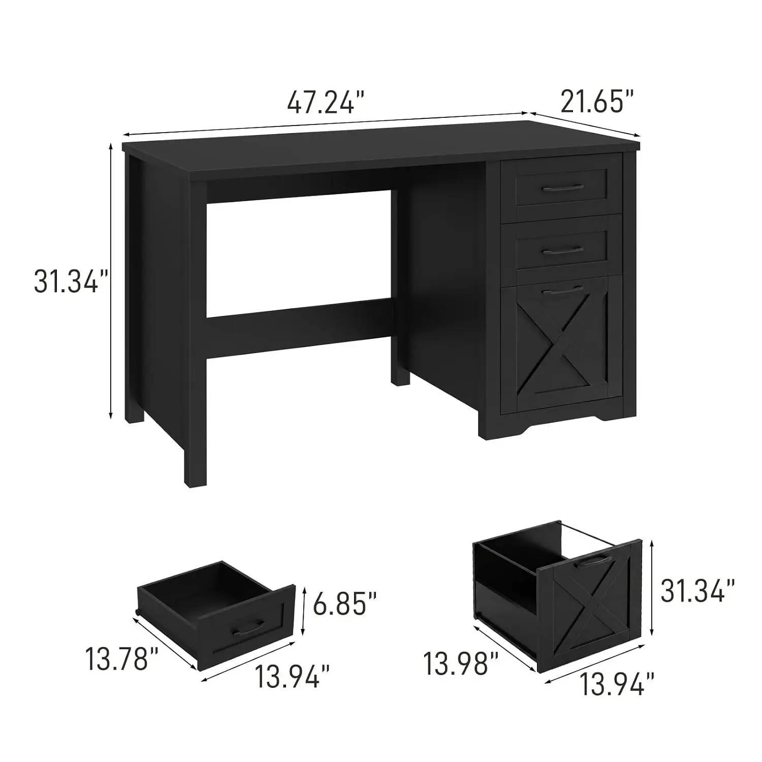 Farmhouse Executive Desk with File Drawer & 2 Storage Drawers, Rustic Computer Desk for Home Office 47