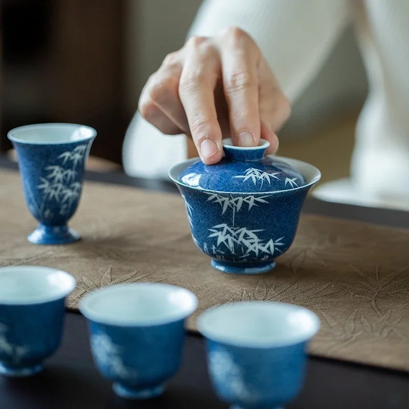 Sprinkling Blue Hand-painted White Ya Bamboo Cover Bowl Handmade Ceramic Tea Bowl KungFu TeaSet Not Hot Mini Tea Bowl Master Cup
