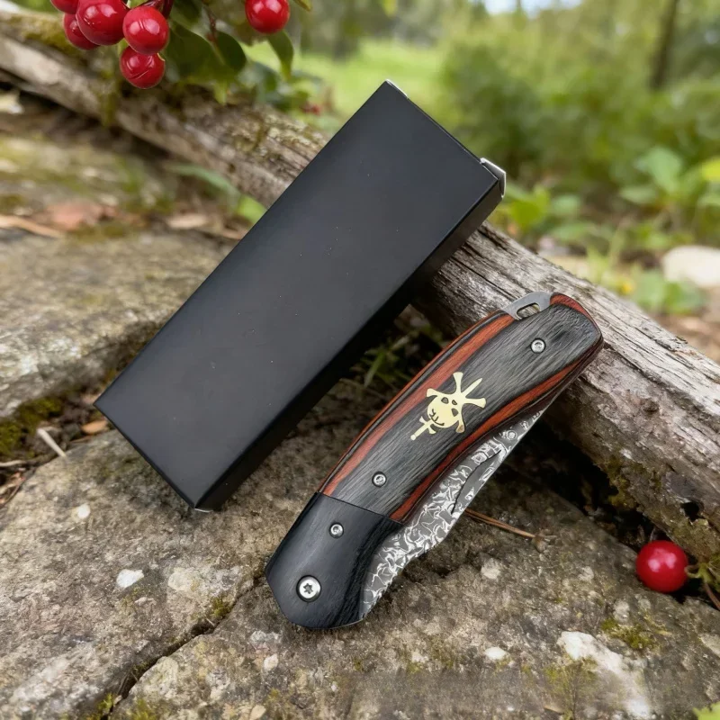 TUPI Damascus Laser Pattern Small Knife Hollow Handle Outdoor Camping Hunting Knife Survival Knife