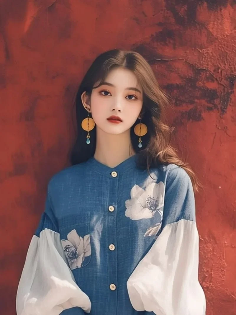 Vintage Women\'s Shirts Spring/summer New Chiffon Print Women Blouses Loose Long Sleeve Top Patchwork Korean Clothing Sales