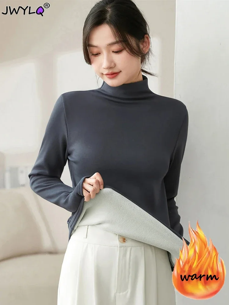 

Half Turtleneck Modal Pullover Tops Women Casual Slim Winter Thicken Fleece Lined Tshirt Korean Lambwool Fluff Tee Warm Camiseta