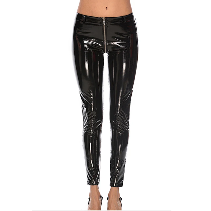 Shiny Pink PU Leggings Reflective Mirror Femal Sexy Low Waist Trousers Club Party Push Up Women Leather Zipper Pants