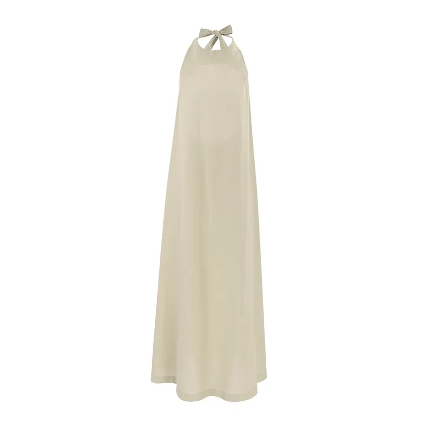 

2026 Summer Skirt Khaki Cotton Hemp Hanging Neck Dress Loose Vacation Style Tank Top Skirt Long Skirt Women's Wear