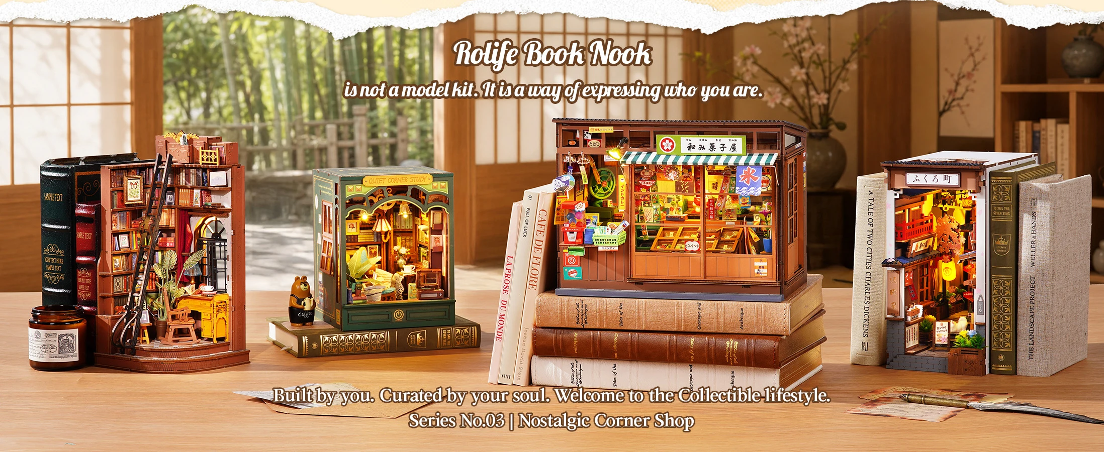 Rolife DIY Book Nook Kit 3D Puzzle Nostalgic Corner Shop Bookends with Sliding Door & LED Light for Bookshelf Decor Wooden DIY Dollhouse Toys for Holiday Gift