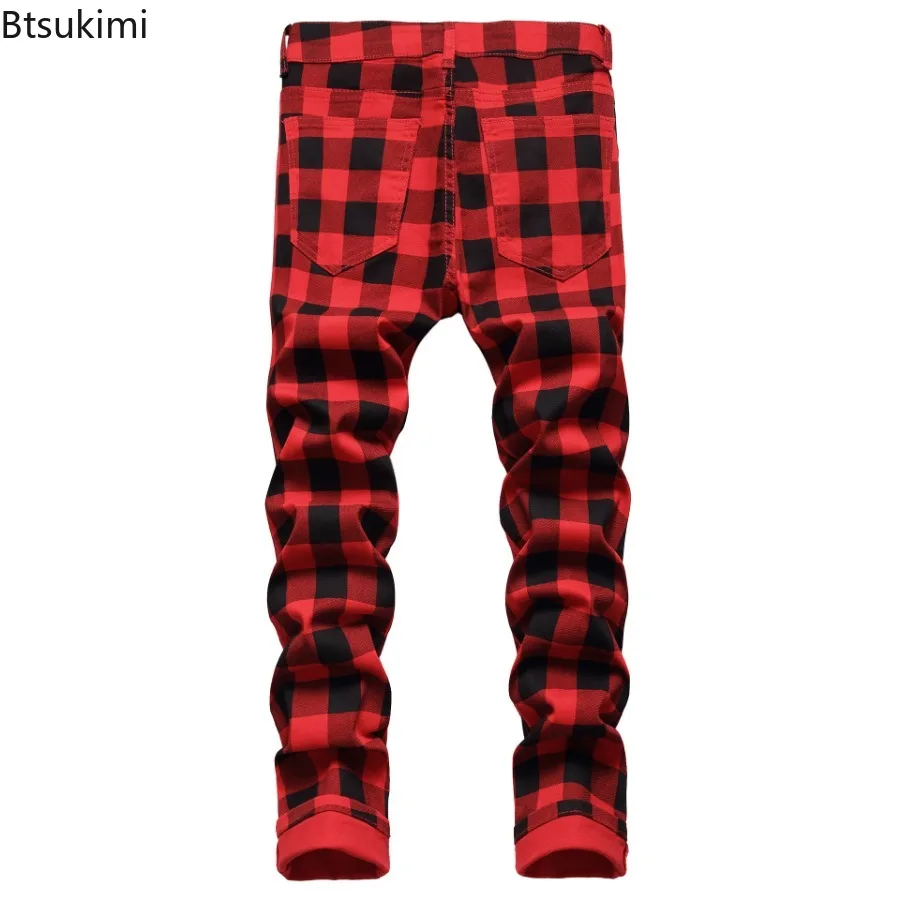 2026 Classic Plaid Print Jeans for Men Fashion Stretch Slim Fit Straight Casual Trousers  Street Style Men Denim Pants Plus Size