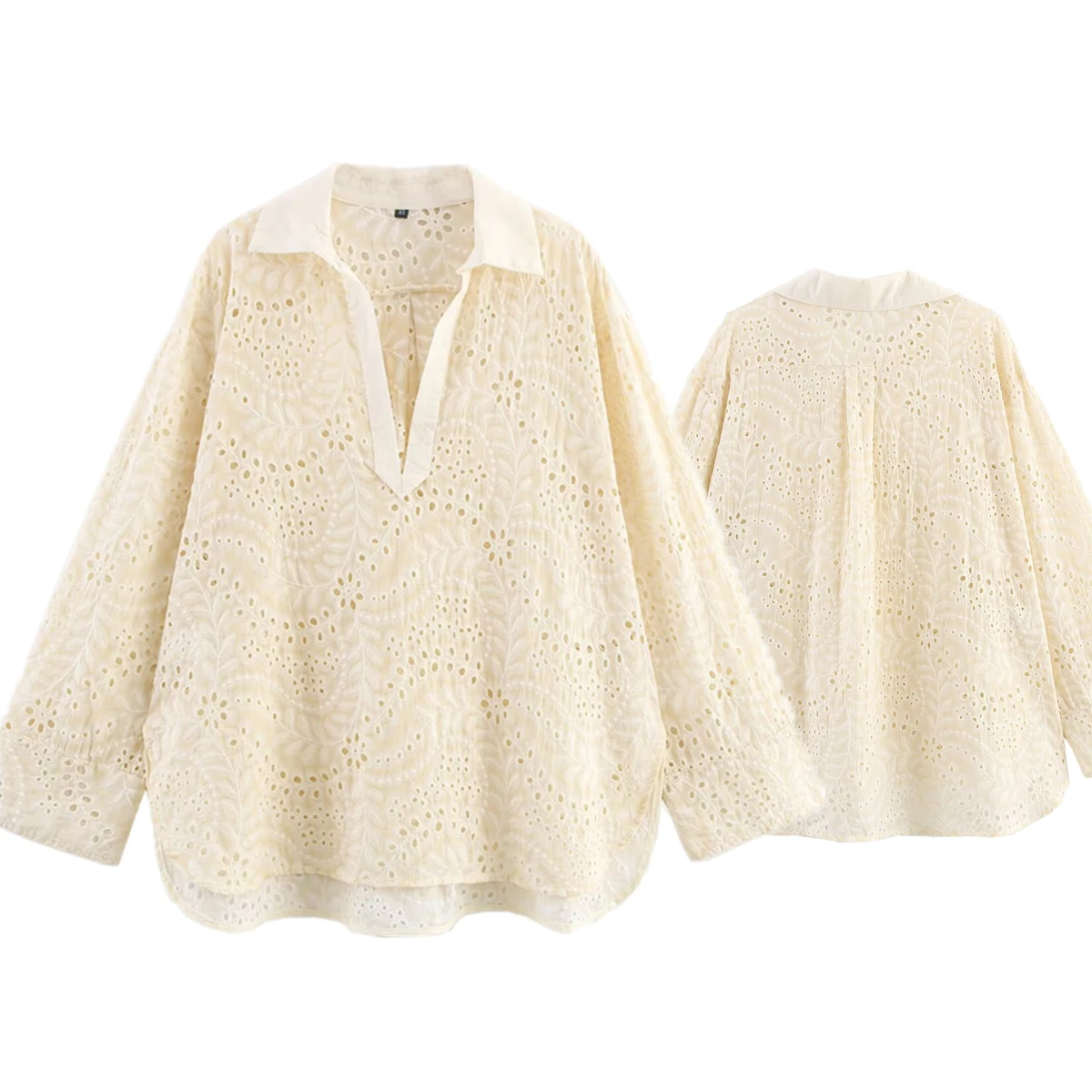 

Withered French Country Cotton Embroidered Hollow Shirt Women Top Fashion Ladies Beige Kimono Blouse Women