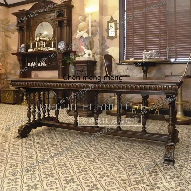 A139 French solid wood dining table combination retro old color carved dining table chairs banquet table medieval furniture