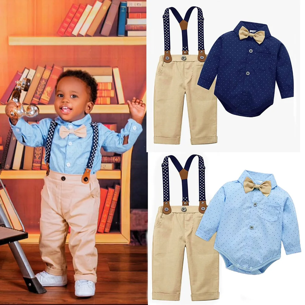 

Formal Wedding Clothing Sets For Baby Boys Outfit Infant Bow Tie Shirt With Suspender Pants For Kids Suit Birthday Party Costume