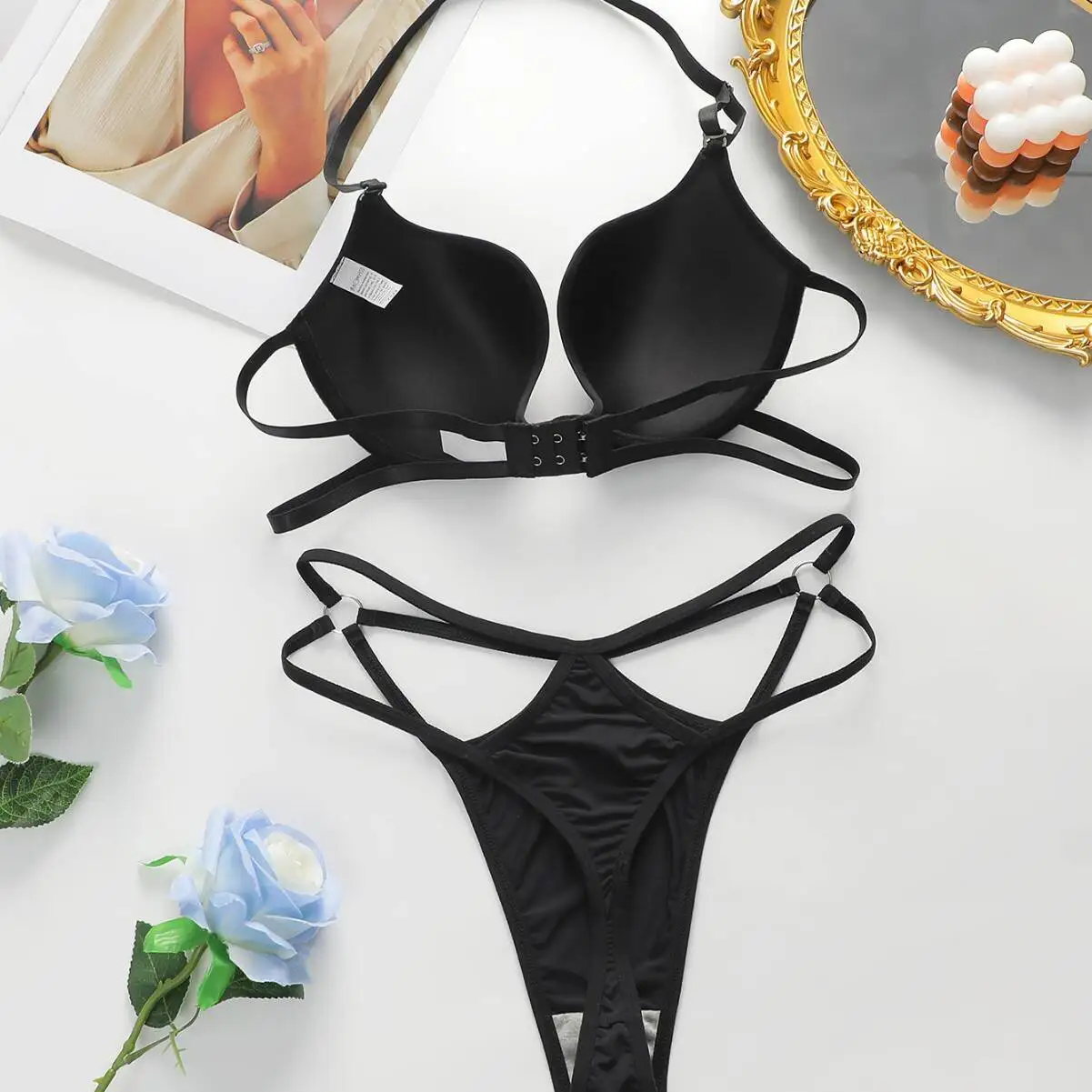Beach Minimalist Black Lingerie Set Underwear Featuring Deep V Neck Push Fashion Sexy Up Bra Cutout Thong Trendy Style Suitable