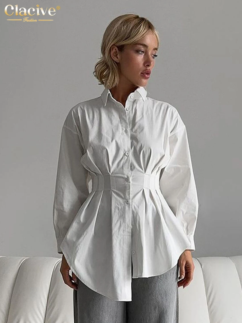 

Clacive Fashion Loose White Cotton Women's Shirt 2025 Casual Chic Lapel Long Sleeve Shirts Elegant Classic Top Female Clothing