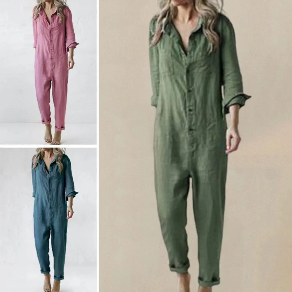 Elegant OL Work Overalls Summer New Jumpsuits Women 3/4 Sleeved Lapel Neck Rompers Fashion Solid Cargo Pants Oversize