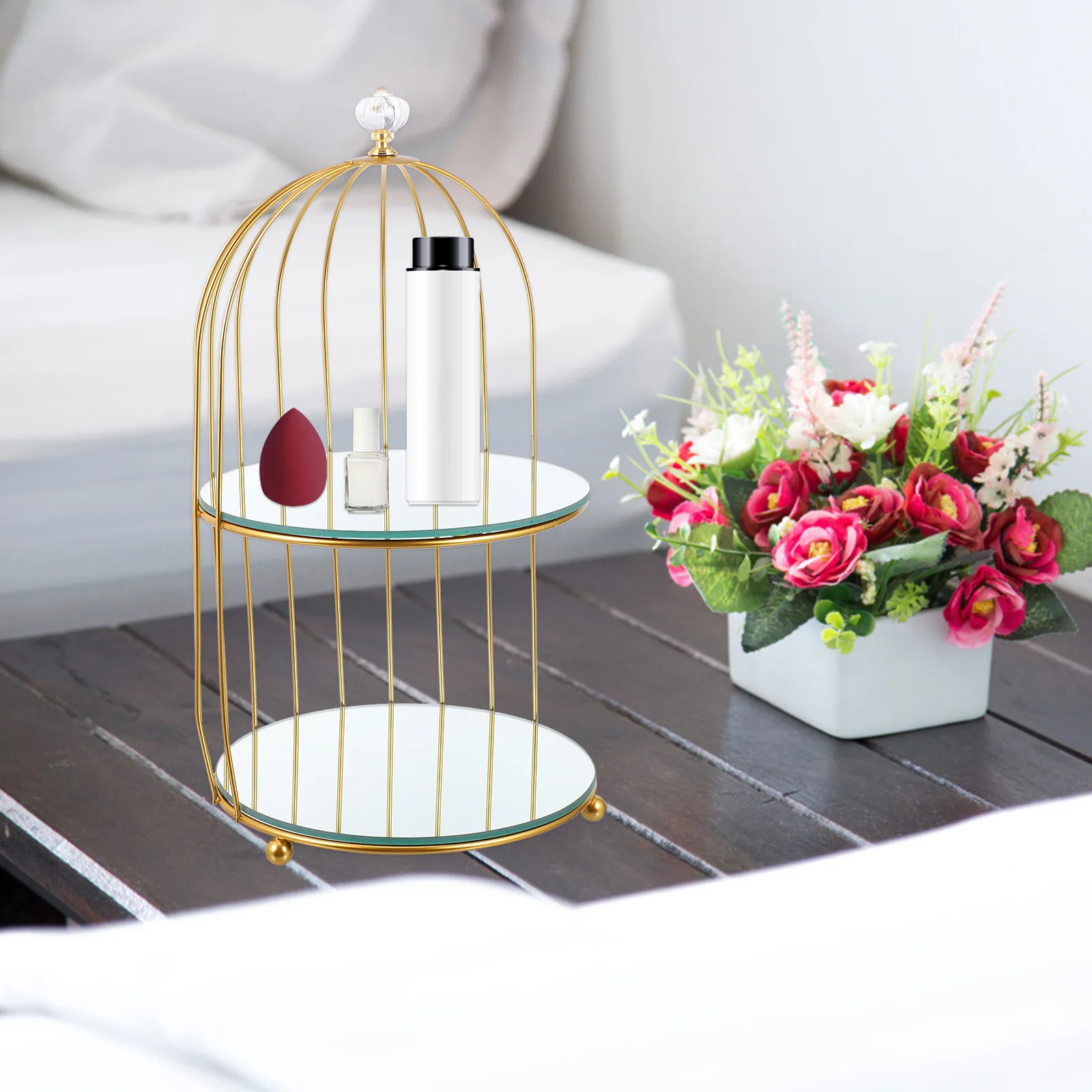 

Mirror Bird Cage Storage Rack Iron Multi-functional Makeup Display Stand Waterproof Cosmetics Organizer for Desktop Bathroom