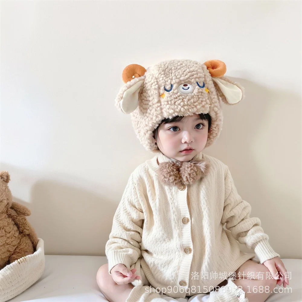 Cute Winter Warm Kids Girl Boys Baby Hats Fleece Wool Hemming Caps with Ball Solid Wool Ear Protection Hats Soft Newborn Bonnet