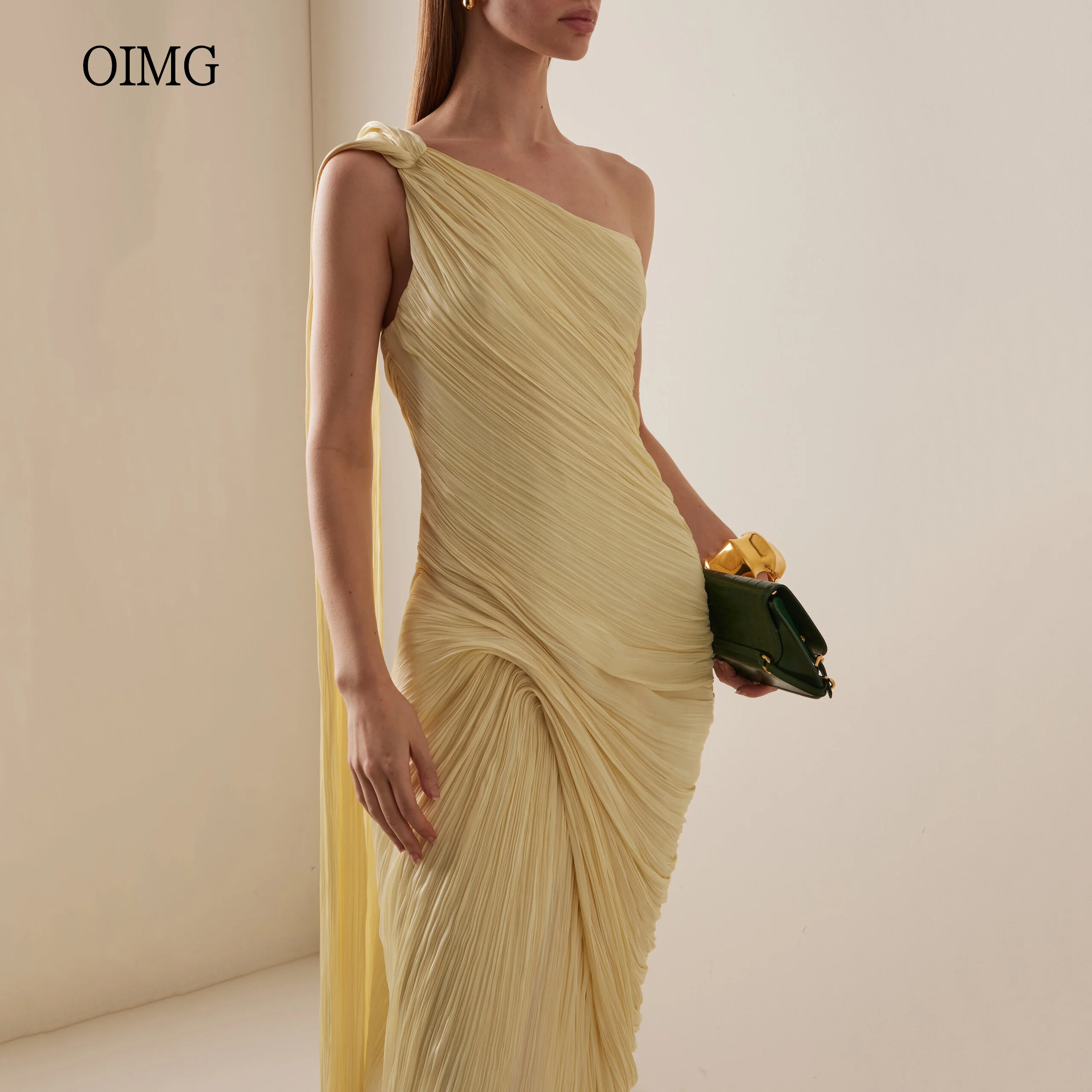 

OIMG Chic Yellow One Shoulder Mermaid Prom Gowns Backless Pleated Formal Party Gown Floor Length Evening Dress Customized