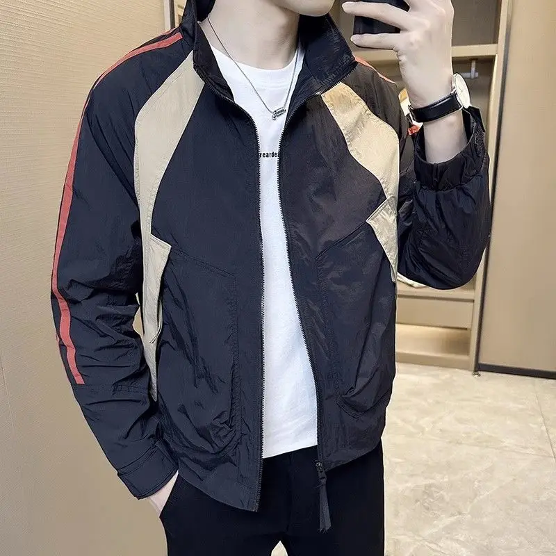 Zip V Contrasting Colors Man Coat Splicing Spring Autumn Jacket for Men Deals Cold Trendy Cheap Offer Casual Y2k New In Clothes