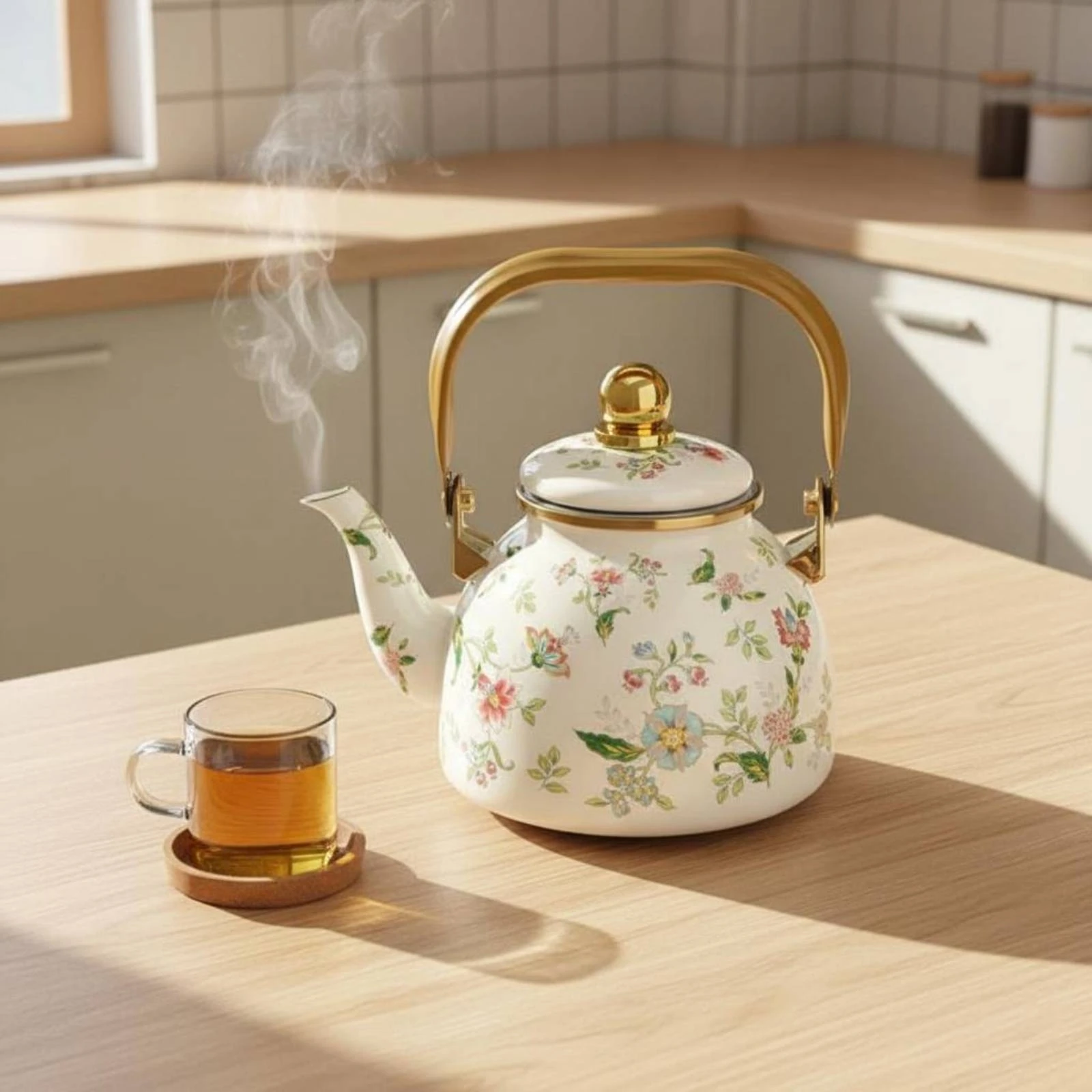 Lidded Enamel Teapot Gold-Tone Trim Mesh Strainer Teapot Tea Infuser Pot Glossy Tableware Enameled Interior view 6