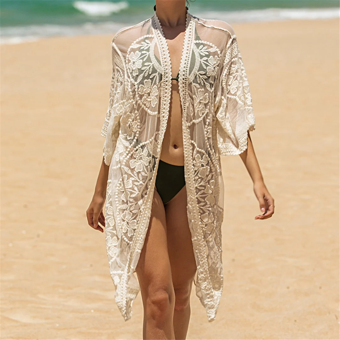 Sexy 3-Farben-Spitzenstickerei-Häkel-Strick-Tunika, Strand-Überwurf, Strandkleid, Strandmode, Damen V4065 – Detail 22