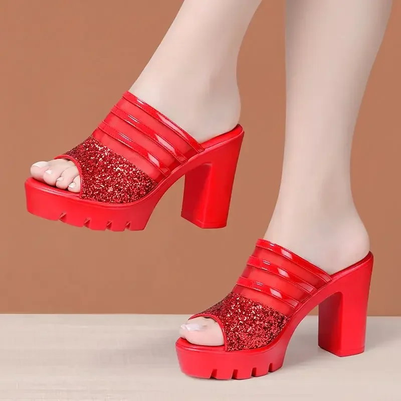 Small Size 32-43 Genuine Leather Shoes Summer Platform Slides 2025 Bling Block High Heels Slippers for Wedding Party Office