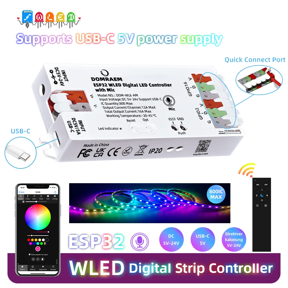DOMRAEM ESP32 WLED WiFi Digital LED Strip Controller with Mic USB-C Supports WS2811 /2812B /2805 RGB IC Works with HA MQTT Alexa