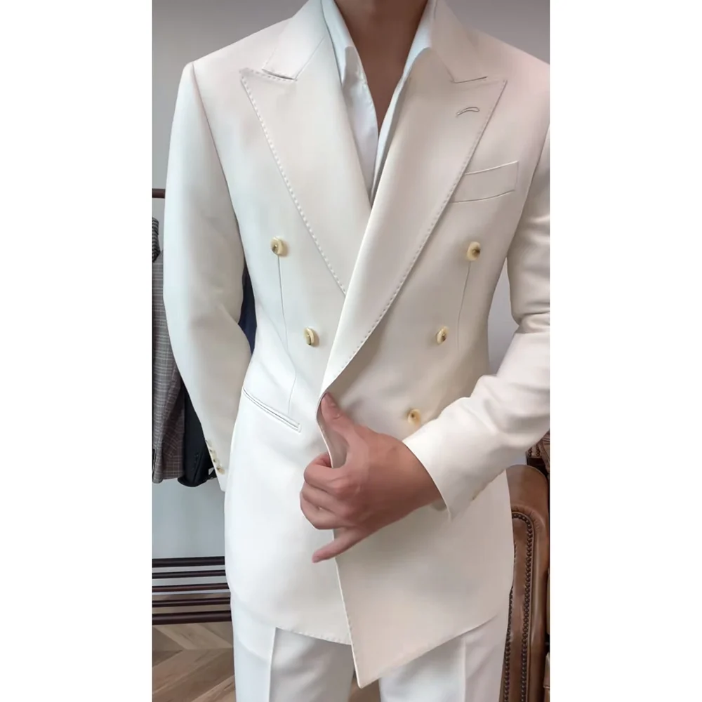 

Simple White Double Breasted Peaked Lapel Men Suits 2 Pieces (Jacket+Pants) Wedding Formal Party Fashion Man Sets Banquet Sets