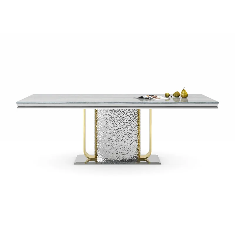 

Marble dining table household high-end 2.2 meters eating table stainless steel dining table and chair combination