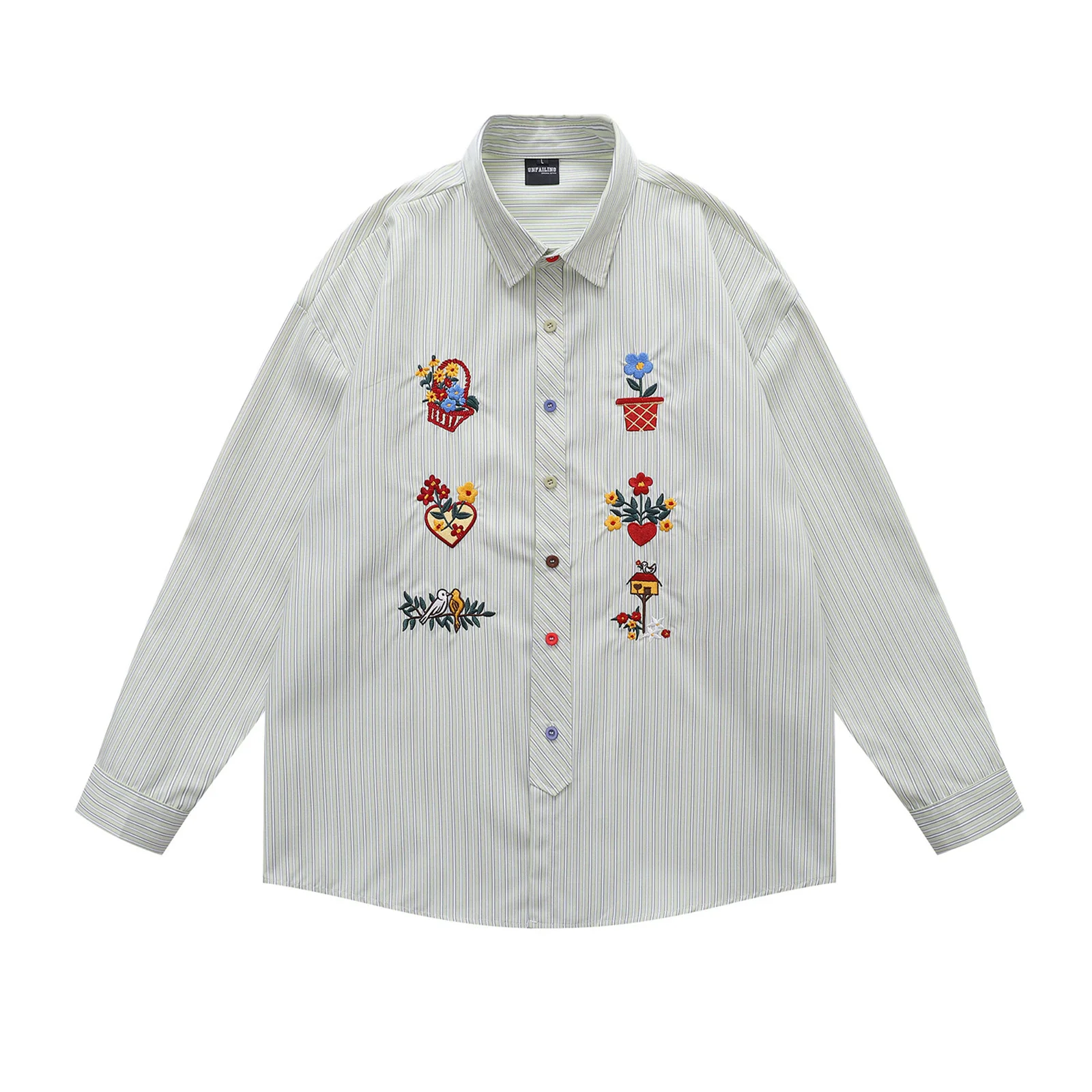 2025 Autumn Striped Shirts Men‘s Harajuku Flower Embroidered Shirts Coats Hip Hop Streetwear Long Sleeve Loose Blouse Tops