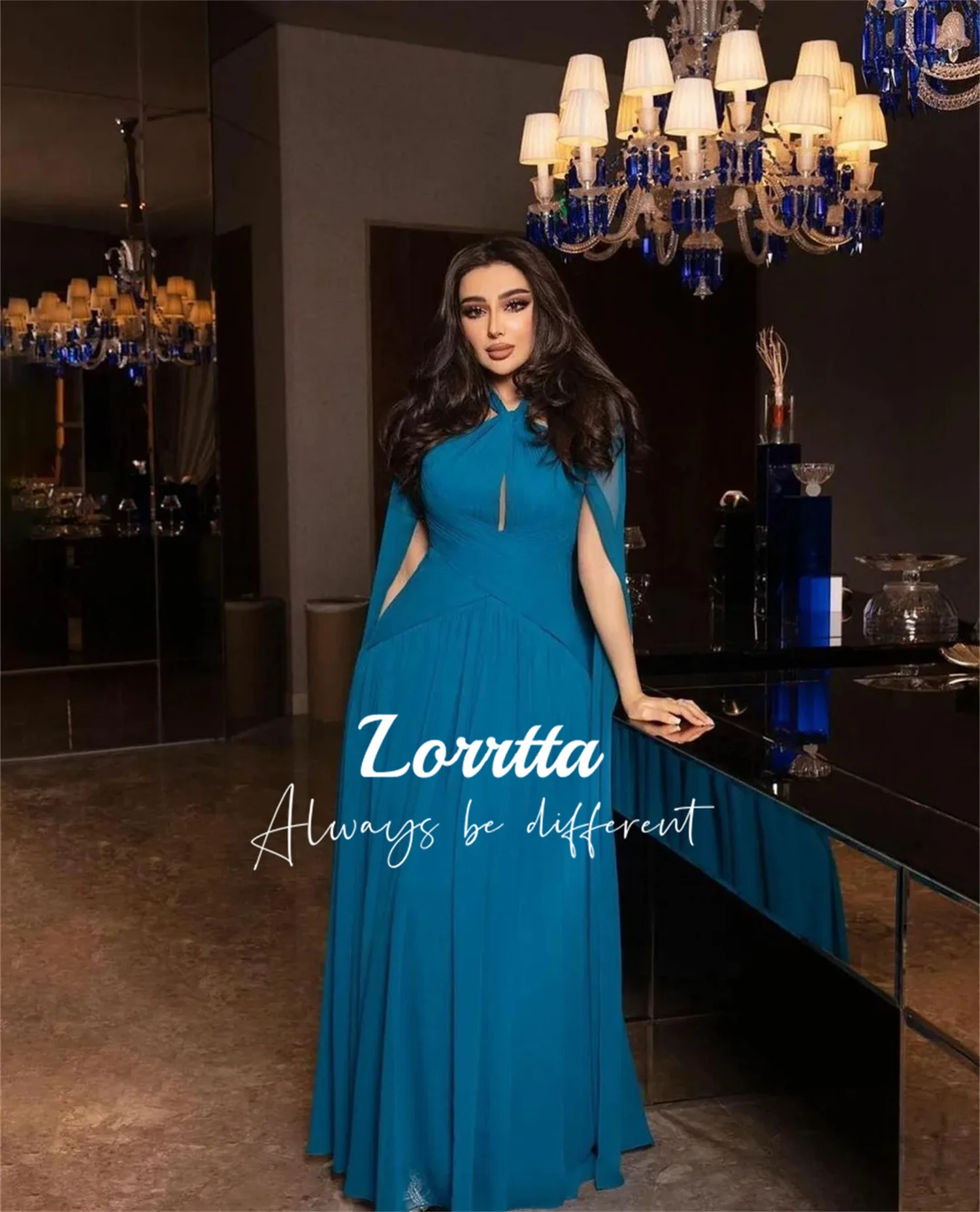 Lorrtta Vintage Blue Chiffon Party Evening Gown Halter Neck Pleated Evening Gown Dubai Arabian Vestido De Noche Elegante Gala