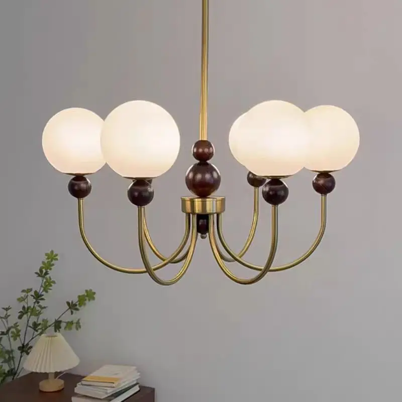 

French wood chandelier magic bean glass ball lamp American retro living room and study room office loft bedroom medieval lamp