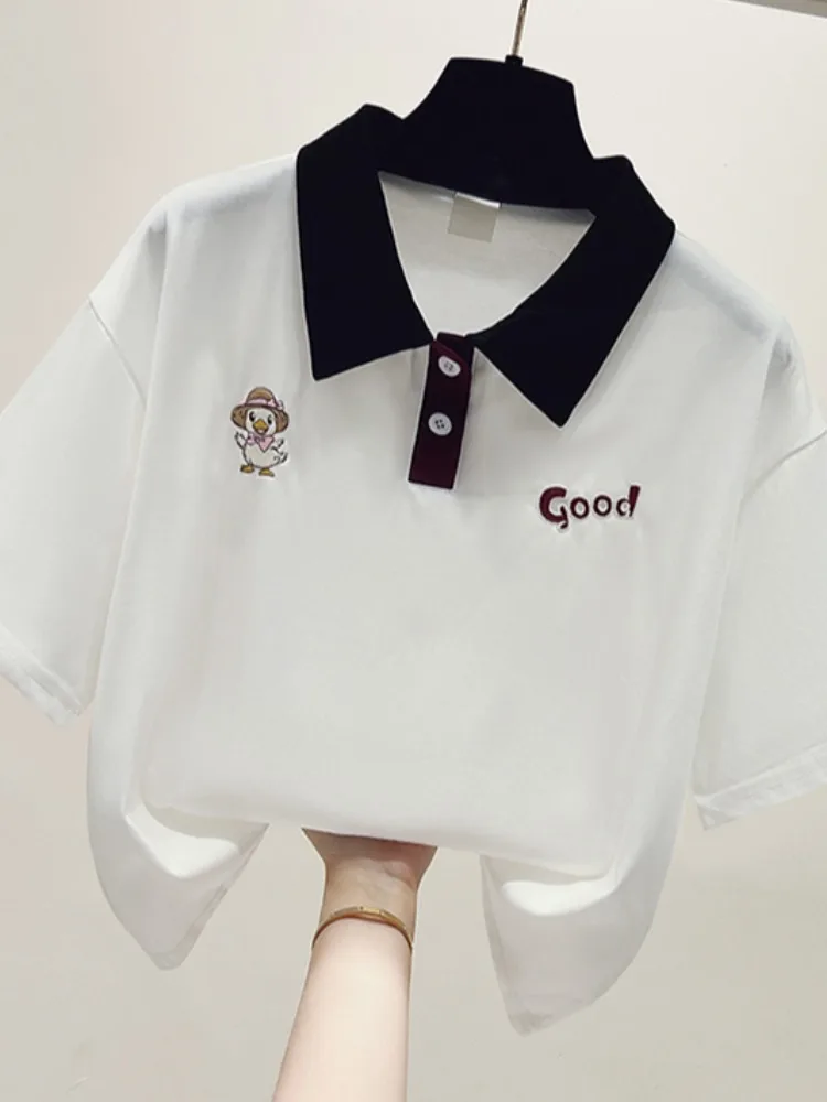 

Turn-down Collar ort Sve irt Women's Summer New Loose Pure Cotton White Embroidered T-irt f Sve Top