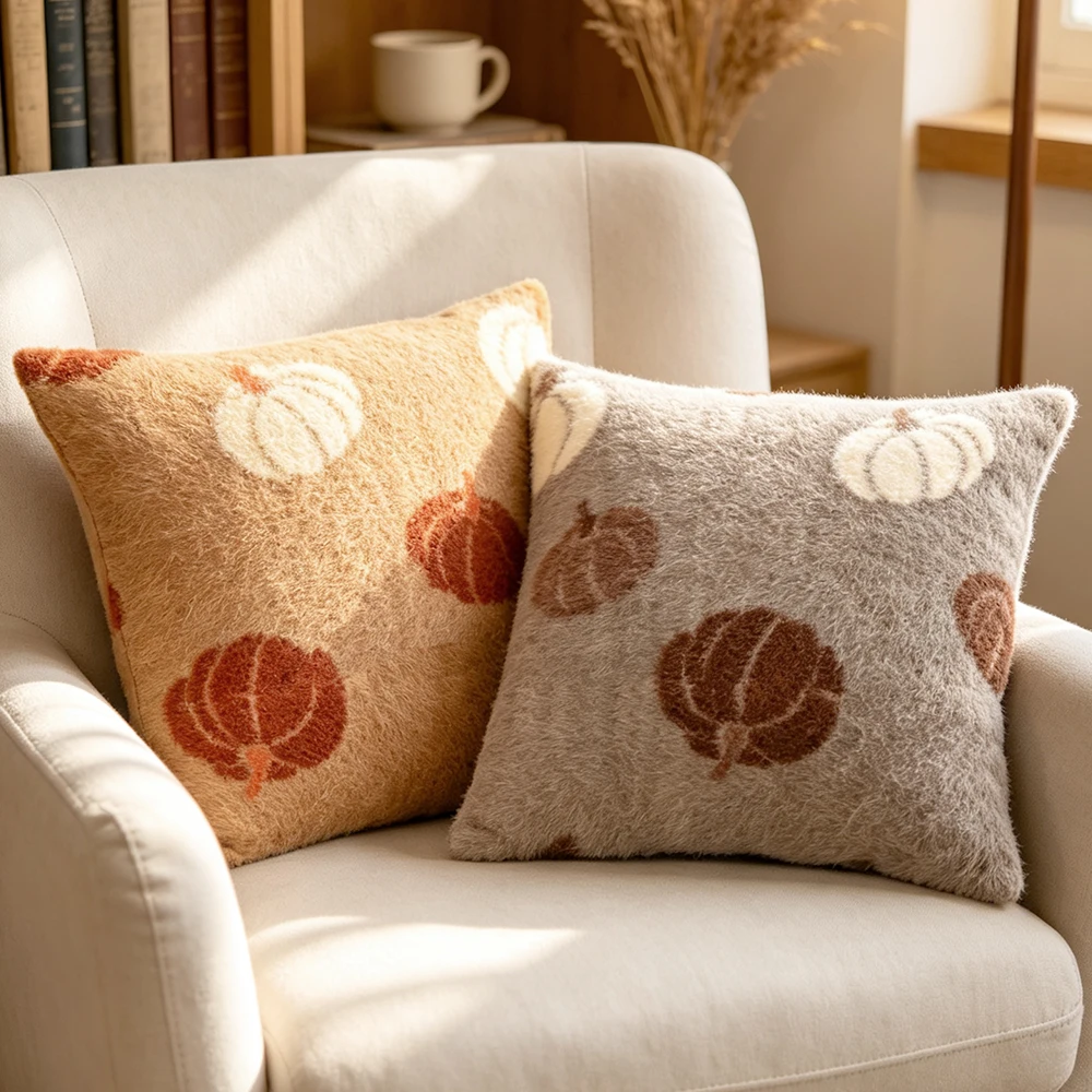 BUYNOW 1PC Autumn Faux Plush Pumpkin Jacquard Throw Pillowcase Without Filler Countryside Cushion Cover Sofa Bedroom Home Decor