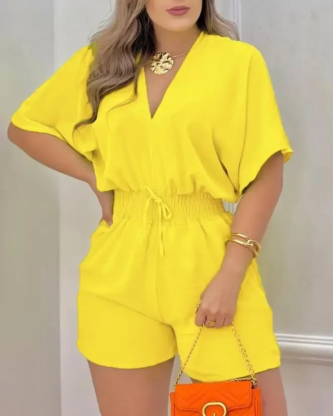 

Jumpsuit Women 2024 Summer Fashion Batwing Sleeve Shirred Waist Casual Plain V-Neck Short Sleeve Above Knee Romper Streetwear