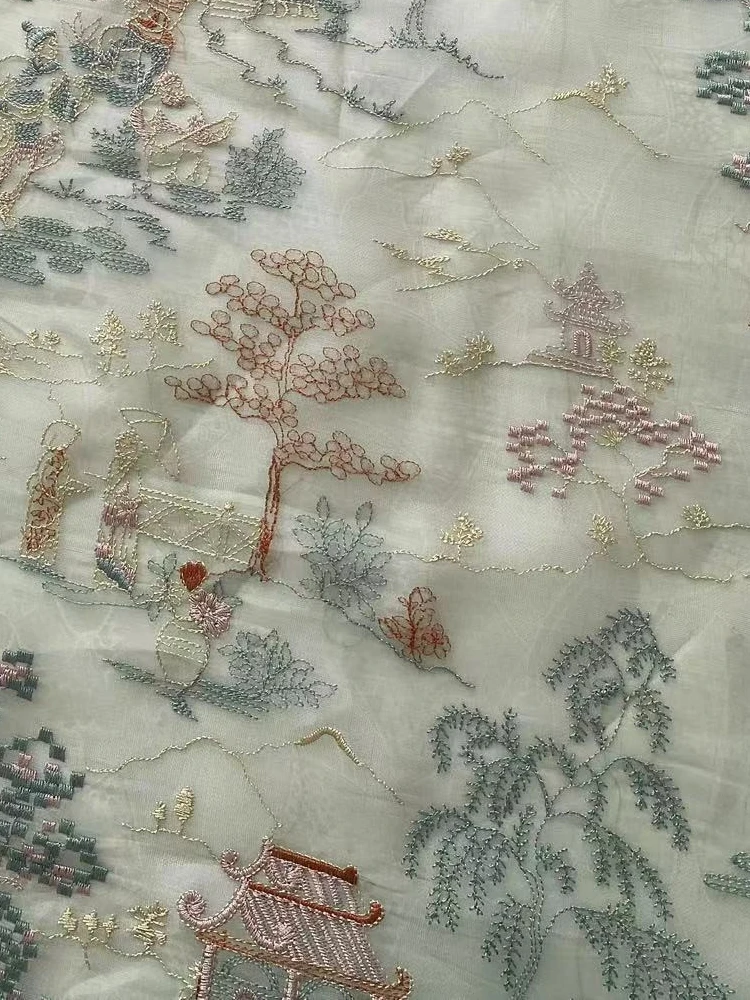 Real Silk Jacquard Embroidered Pavilion Pattern Fabric Cheongsam Chinese Style Clothing Designer Cloth