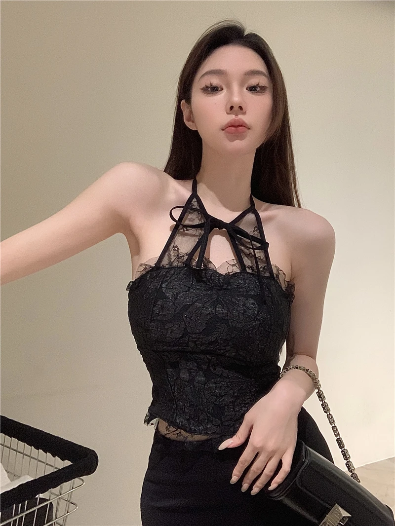 

Lace Cool Sexy Hanging Neck Hollow Out Woman Suspenders DJ Nightclub Hot Dance Short Black White Ladies Vest