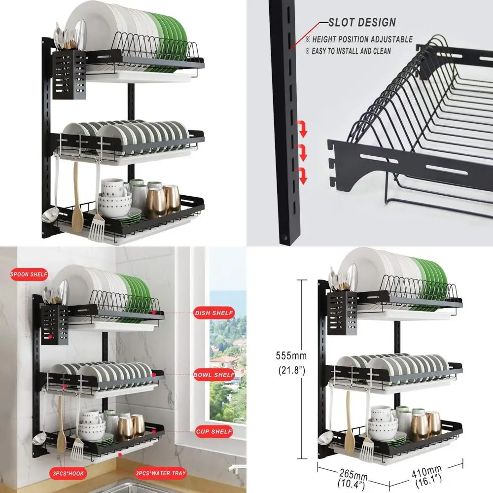 

Adjustable Height 3-Tier Wall Mount Dish Drying Rack with Drain Tray and Hooks, Stainless Steel Black