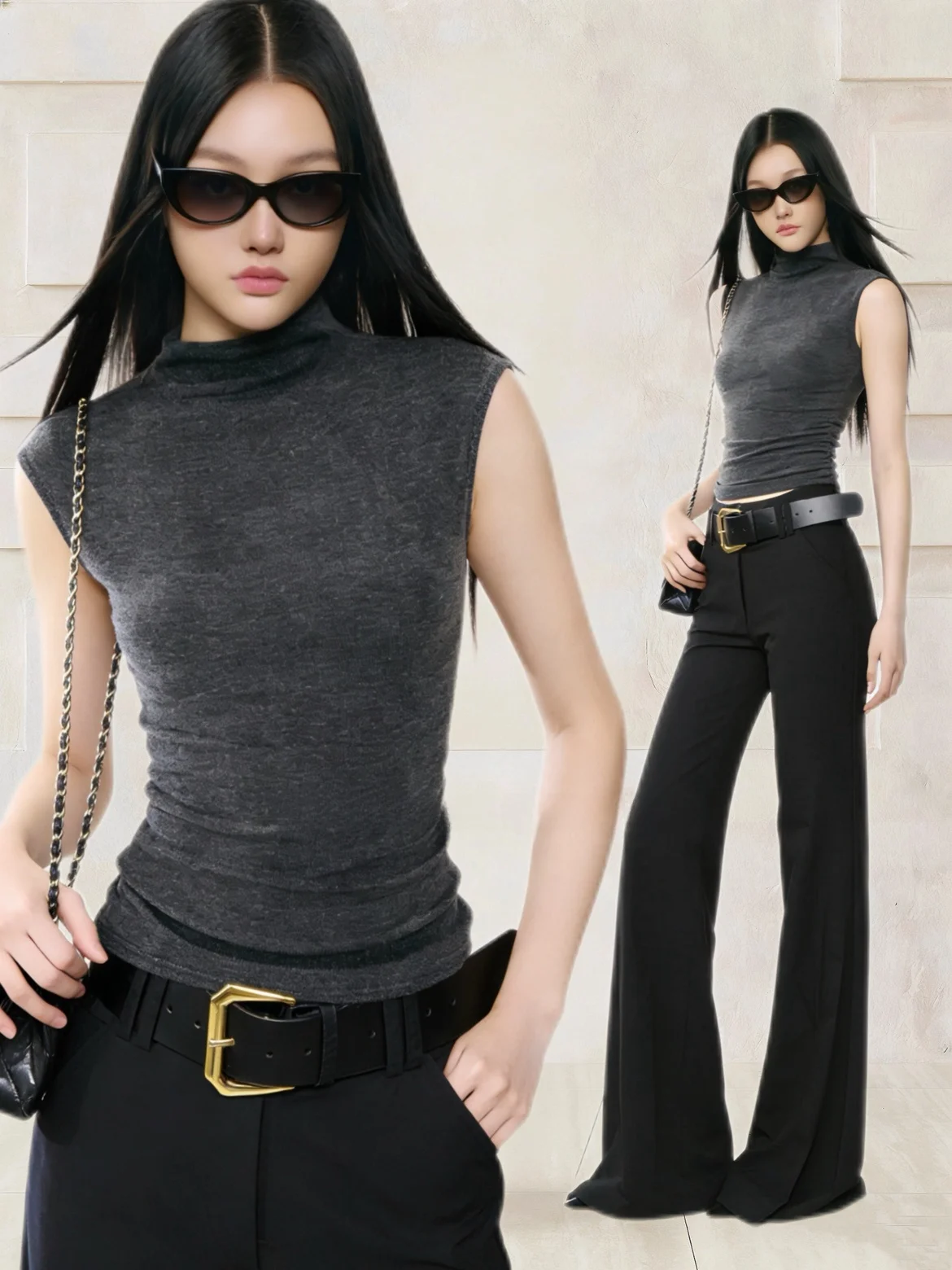 

High Waist Bell Bottom Pants Set Sleeveless Slim Fit Grey Versatile Workwear Elegant Style Summer Fashion Women's Ensemble