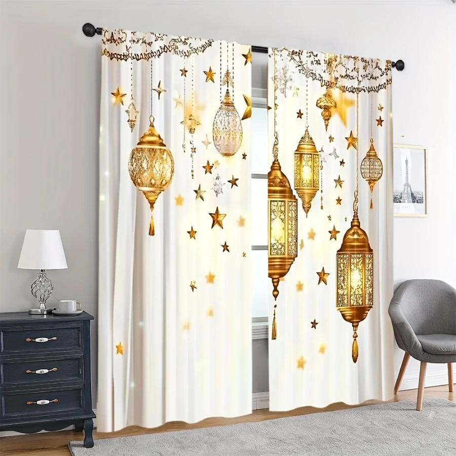 2PCS Digital Print Curtains, Luxury Golden Star Lantern, Elegant Living Room Decor Glamorous Metallic Sophisticated Drapes