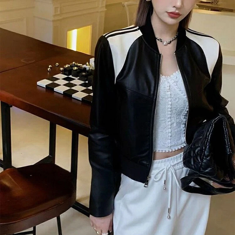 Women Genuine Leather Baseball Uniform Jacket Black 2023 Spring Female O-Neck Short Coat Mujer Outwear Blazer Streetwear