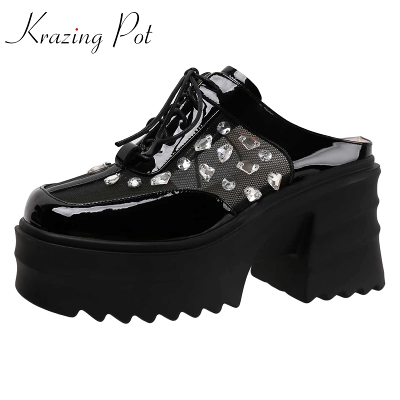 Krazing Pot Air Mesh Leisure Fashion Mules Thick Bottom Platform Rhinestone Cross-tied Slingback Comfort Women Outside Slippers