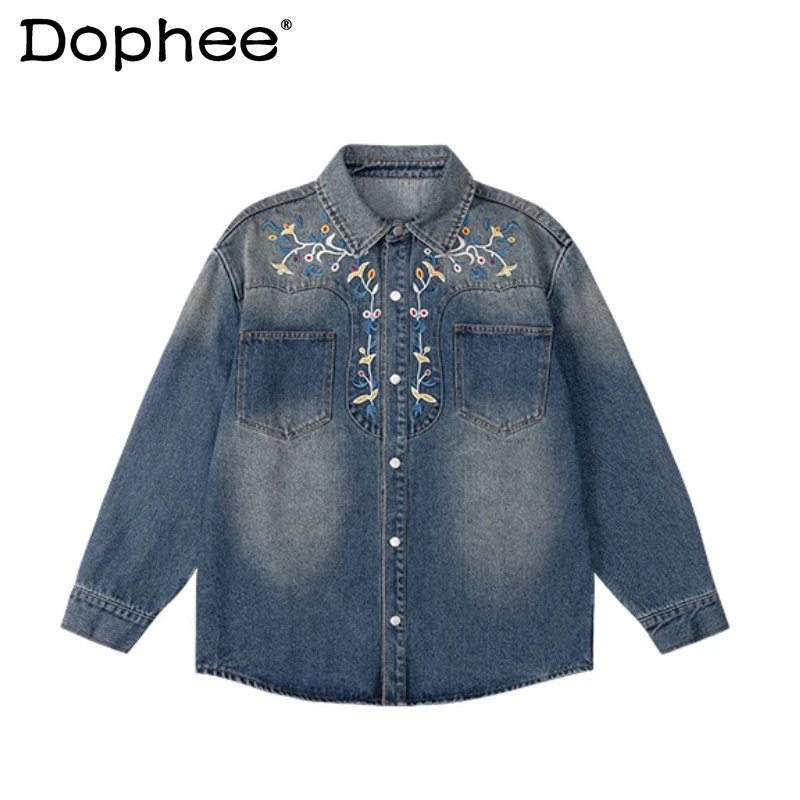 

2025 Autumn New American Style Retro Floral Embroidered Denim Jacket Men Women Loose Tops Lapel Handsome Long Sleeve Denim Coats